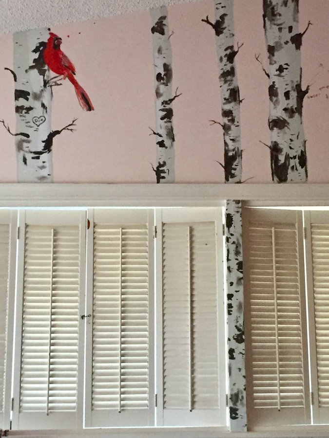 Second view of the birch tree and cardinal mural above the shutters, Palm Beach, FL