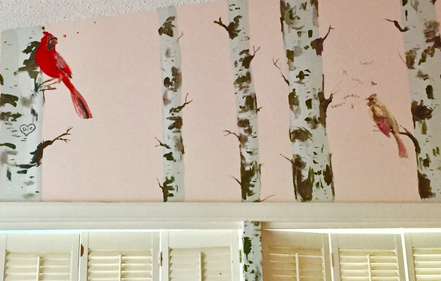 Birch tree and cardinal mural detail with heart carved into the bark, Palm Beach, FL