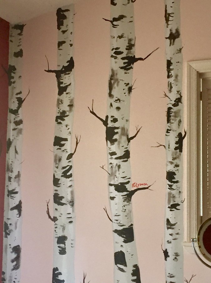 Birch tree mural detail beside a door, second cardinal visible, Palm Beach, FL
