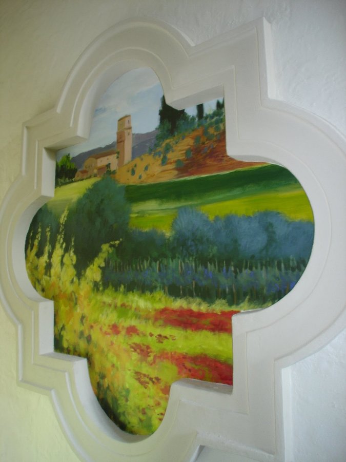 Tuscan wheat field mural in a quatrefoil stairwell niche, vivid detail, Palm Beach, FL