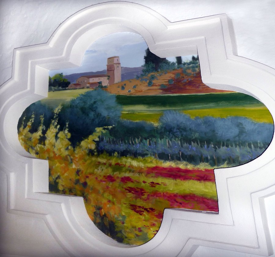 Tuscan hillside village mural detail with a stone tower, wide view, Palm Beach, FL