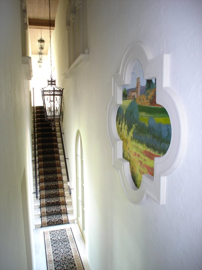 Tuscan field mural niche viewed down a long hallway, Palm Beach, FL