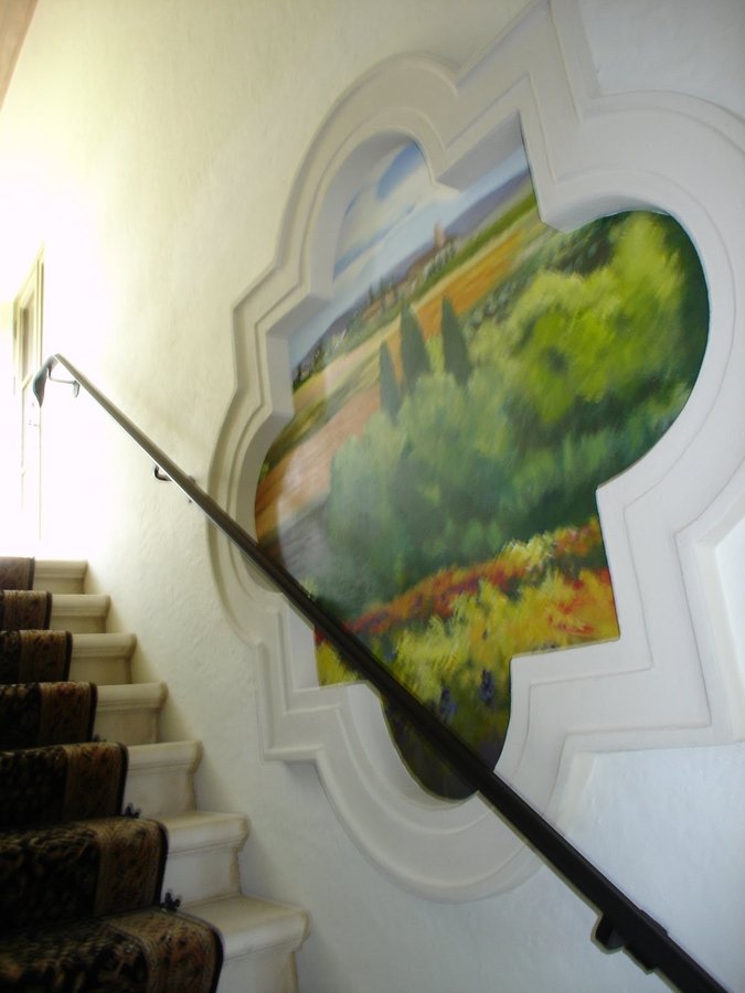 Tuscan field mural niche viewed beside the staircase handrail, Palm Beach, FL