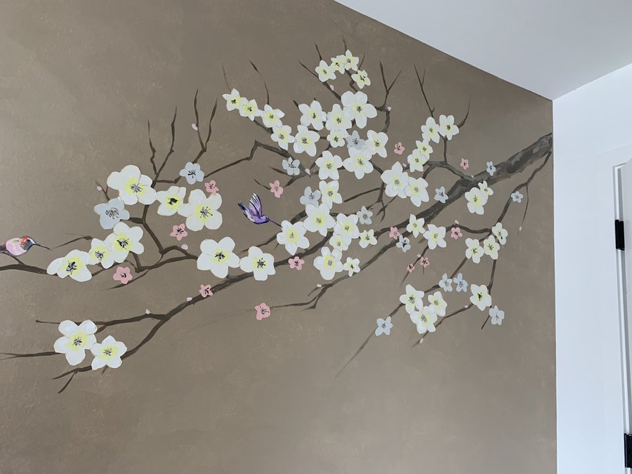White blossom branch mural detail with a hummingbird, gold metallic wall, Palm Beach, FL