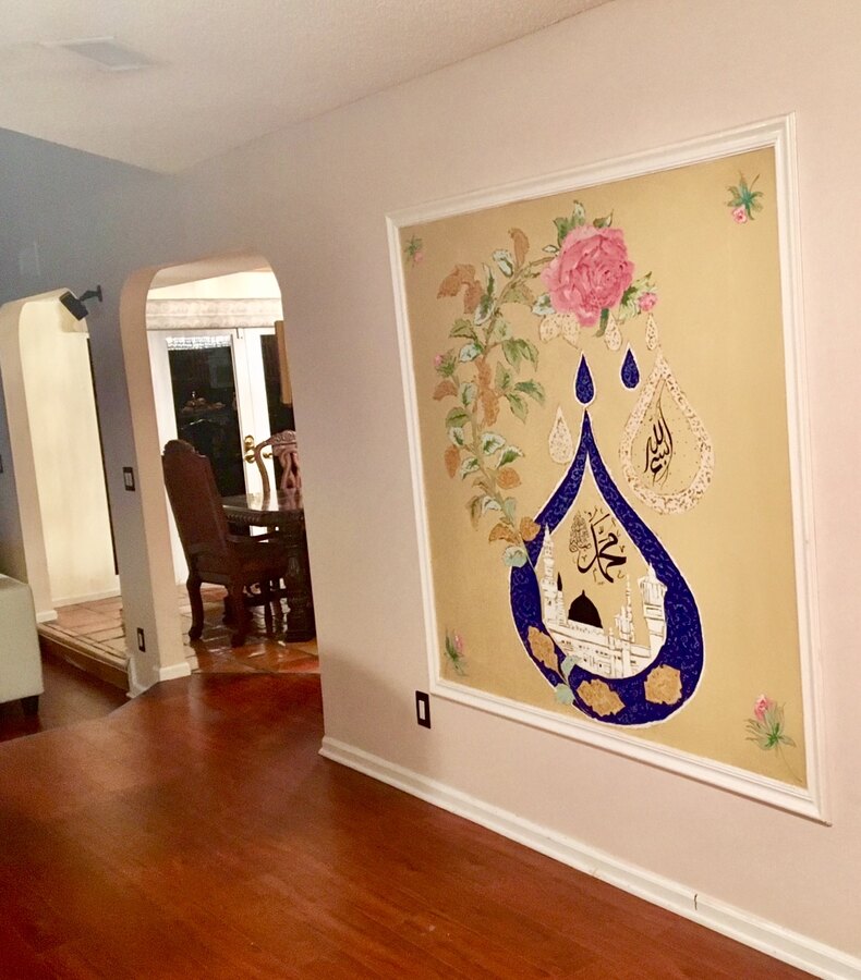 Decorative Arabic motif + rose mural by Maureen Fulgenzi — Blue & pink palette, Palm Beach, FL
