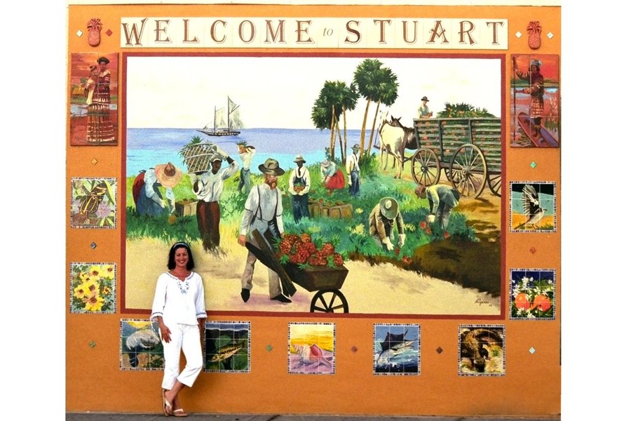 Full finished Stuart welcome mural with orange tile border, no figures, clean daylight view, Palm Beach, FL