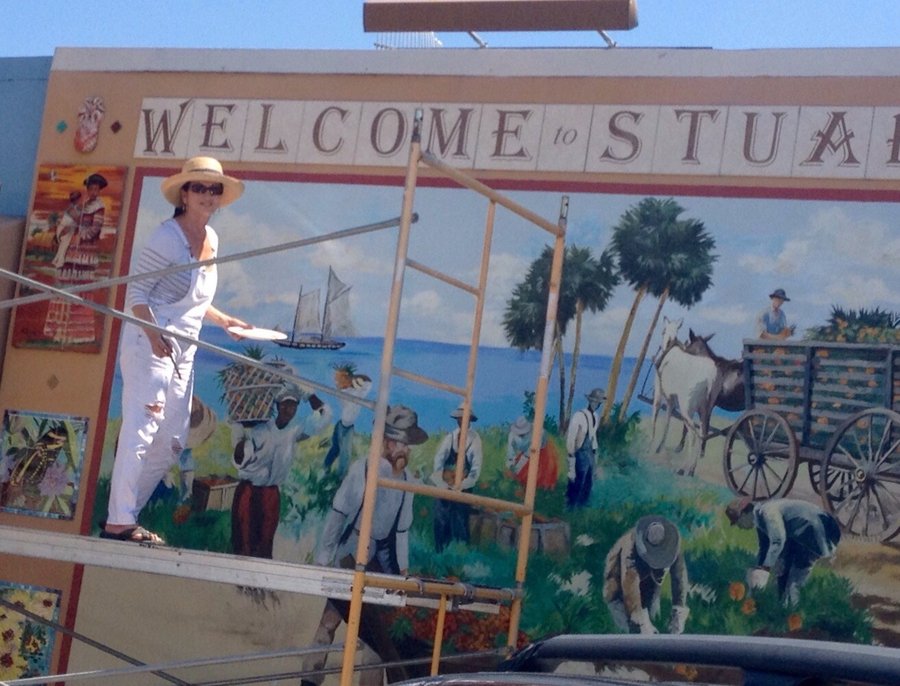 Maureen Fulgenzi on scaffolding during an earlier stage of the Stuart mural, Palm Beach, FL