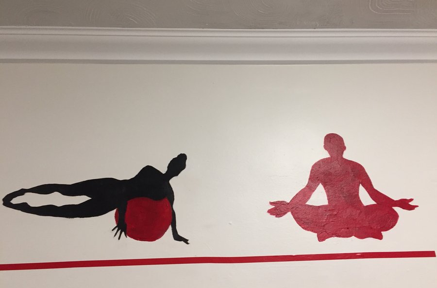 Second view of the backbend and reclining figures in the gym mural border, Palm Beach, FL