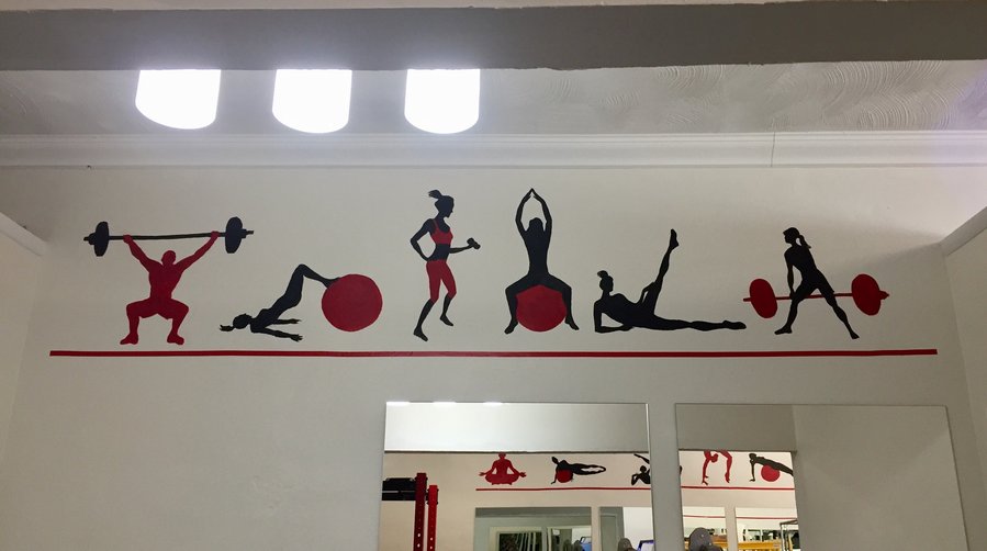 Wide angled view of the gym mural border above the exercise floor, Palm Beach, FL