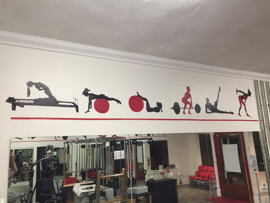 Clean full-length view of the gym mural border, crown molding and mirror below, Palm Beach, FL