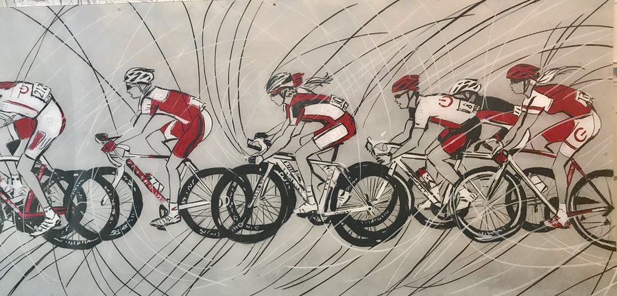 Wide ink-and-color painting of three cyclists racing, red and white palette, gym installation, Palm Beach, FL