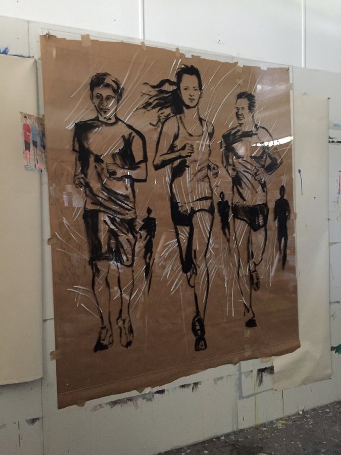 Three runners painted on burlap-textured canvas, red and white kits, Palm Beach, FL