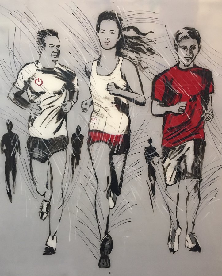 Detail crop of the runner's torso showing the power-button graphic motif, Palm Beach, FL