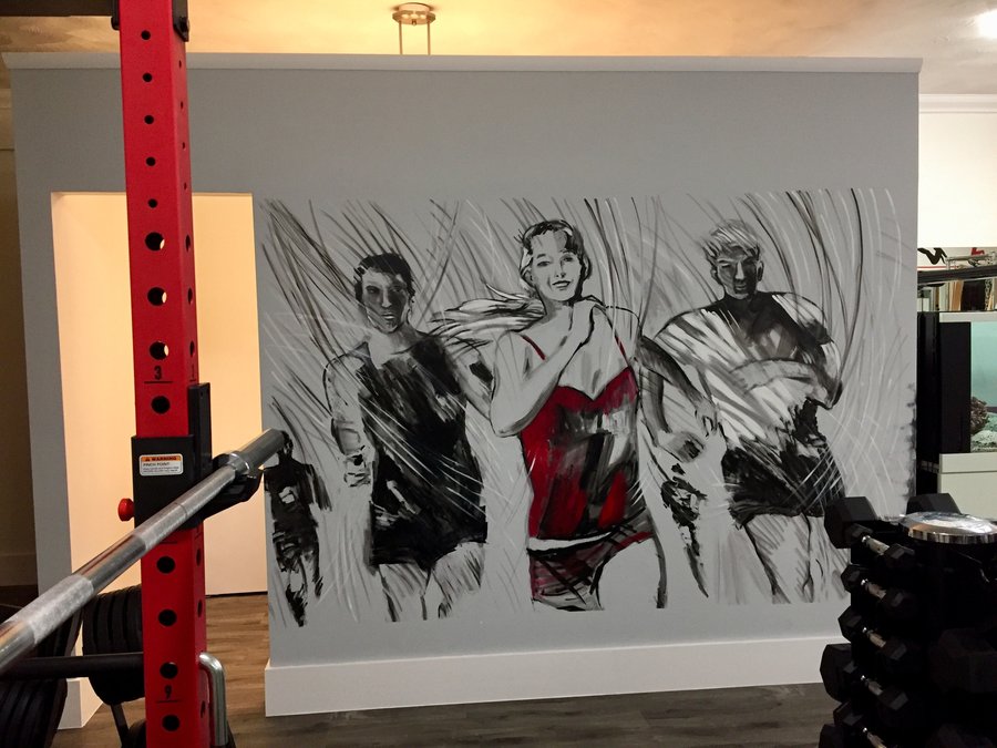 Three-runner sketch mounted beside gym weight equipment, Palm Beach, FL
