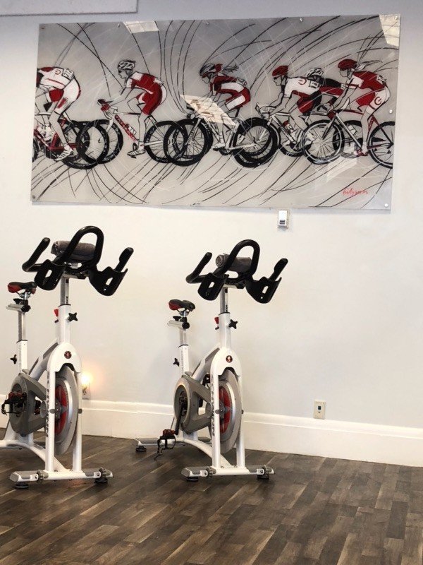 Wide five-cyclist ink-and-color painting mounted above the gym spin bikes, Palm Beach, FL