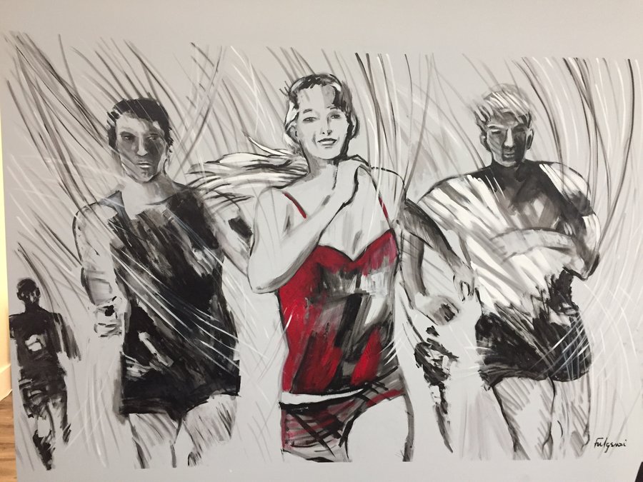Three-runner painting with red accent color added to the center figure, in progress, Palm Beach, FL