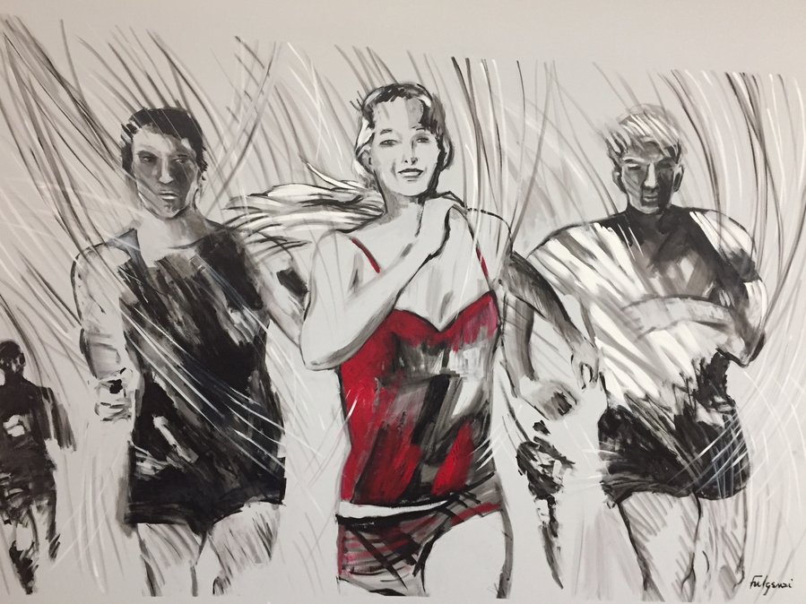 Second view of the three-runner painting with red color added, in progress, Palm Beach, FL