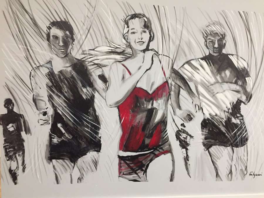 Three-runner painting nearing completion, red and white kits, Palm Beach, FL