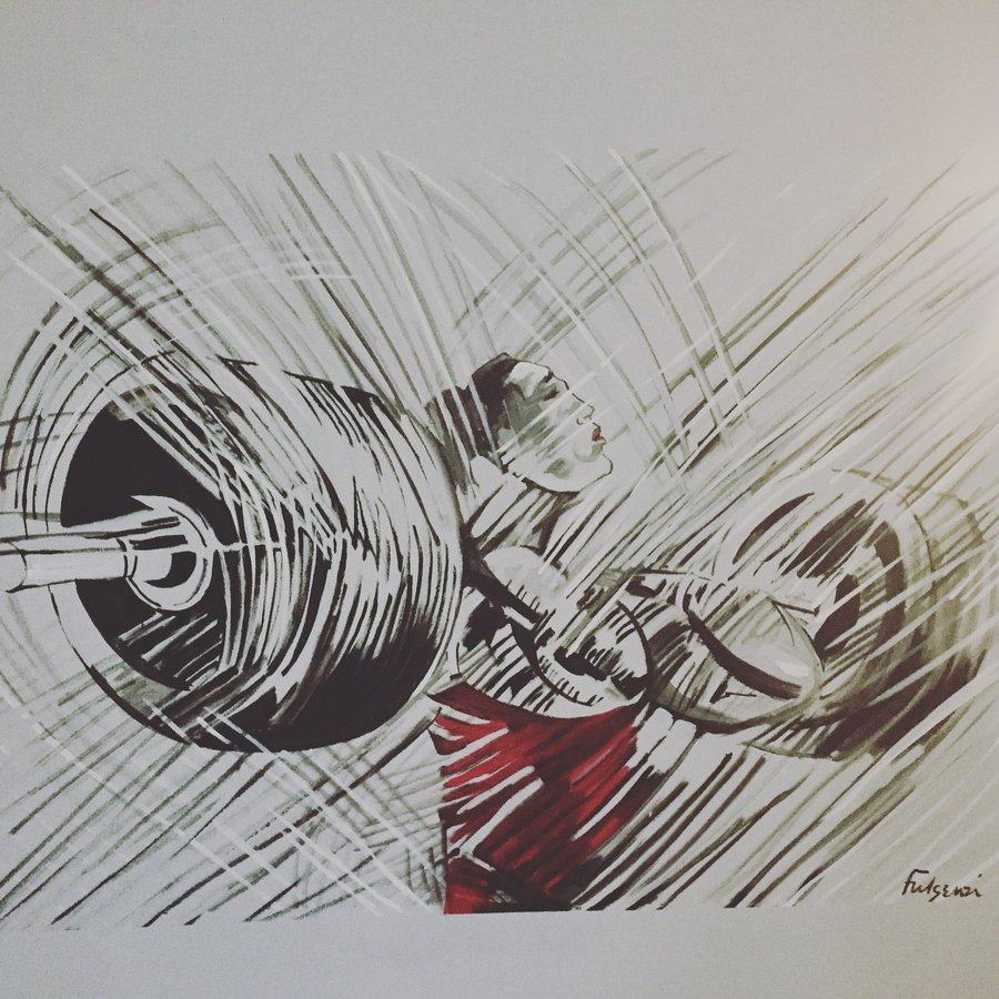 Weightlifter ink sketch in progress, barbell detail, red accent, Palm Beach, FL