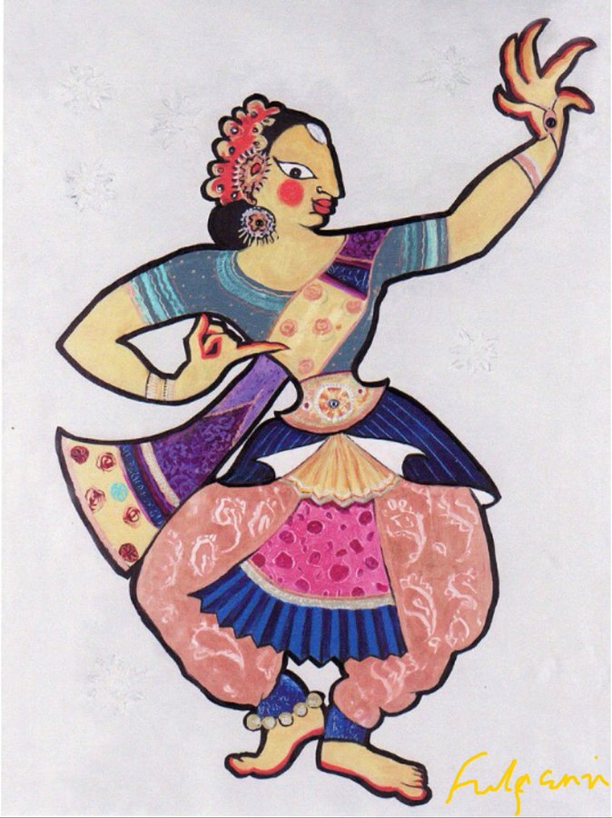 Large hand-painted dancer figure, arm raised, signed by Maureen Fulgenzi, Ada Indian Restaurant, Palm Beach, FL