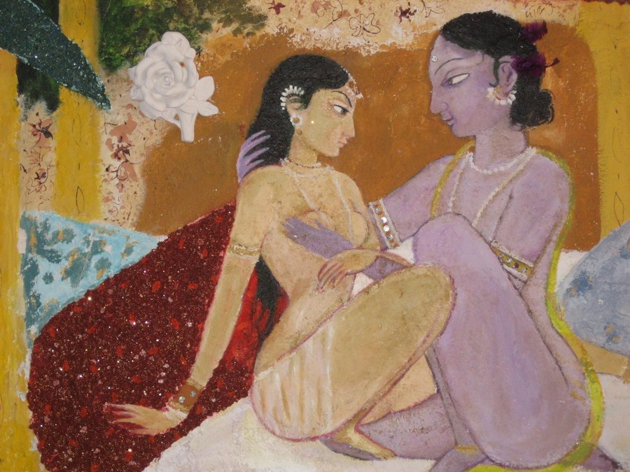 Large reclining scene of two figures with floral accents, Ada Indian Restaurant, Palm Beach, FL