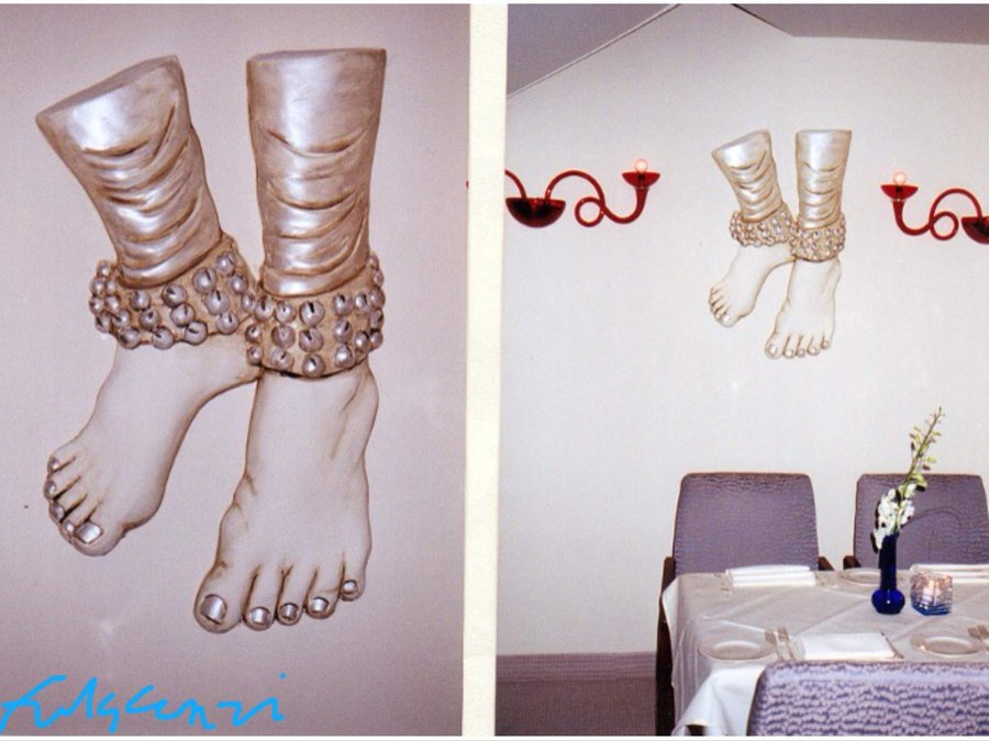 Sculpted plaster relief of dancers' feet, second wall panel at Ada Indian Restaurant, Palm Beach, FL