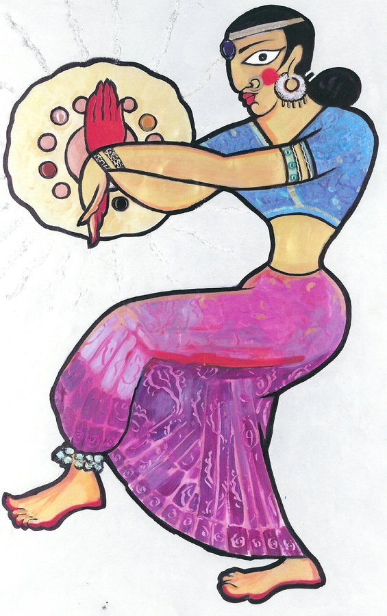 Painted dancer cutout figure playing a tambourine in a magenta skirt, Ada Indian Restaurant, Palm Beach, FL
