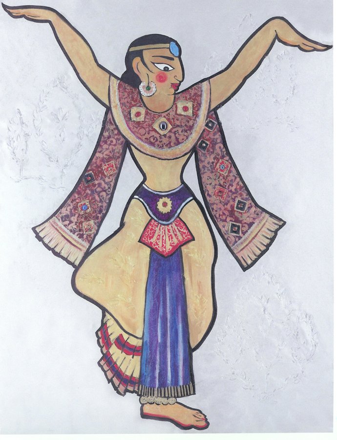 Painted dancer cutout figure with arms raised in an ornate red and gold costume, Ada Indian Restaurant, Palm Beach, FL