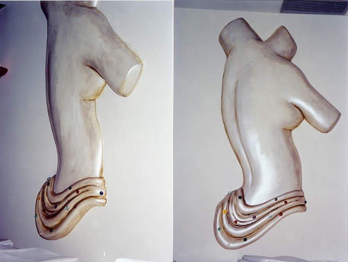Sculpted plaster relief of a dancer's legs, wall panel at Ada Indian Restaurant, Palm Beach, FL