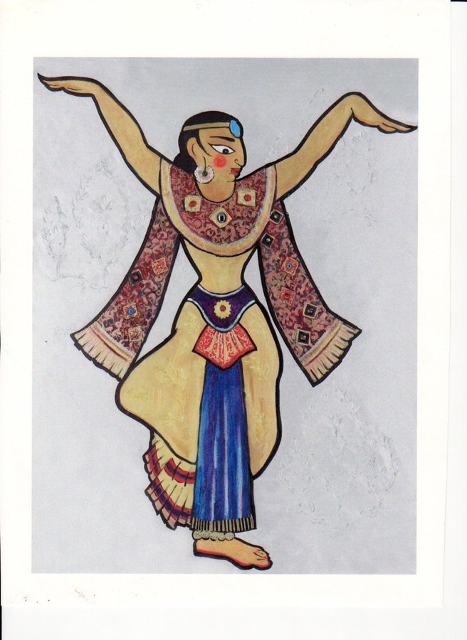 Painted dancer cutout figure, arms raised in a blue and gold sari, Ada Indian Restaurant, Palm Beach, FL