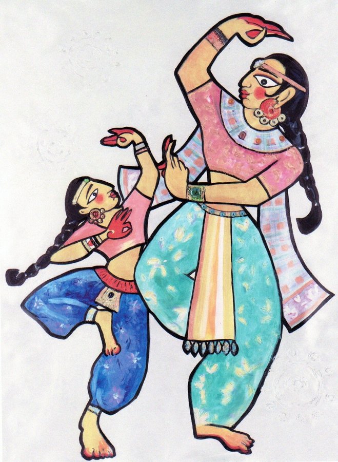 Painted dancer cutout figure with a moon and crescent motif, red and purple palette, Ada Indian Restaurant, Palm Beach, FL