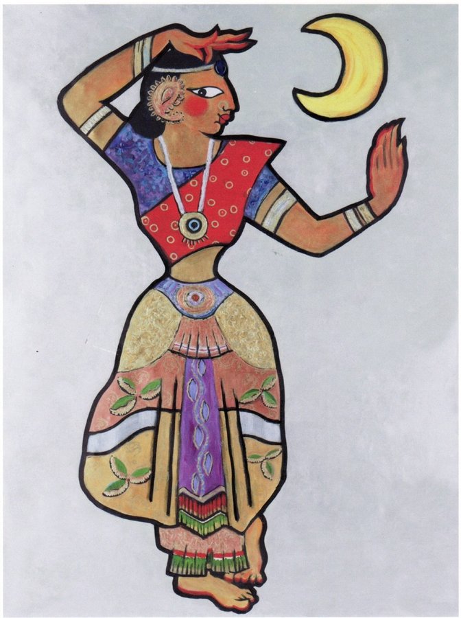 Painted dancer cutout figure playing a hand drum, blue and purple palette, Ada Indian Restaurant, Palm Beach, FL