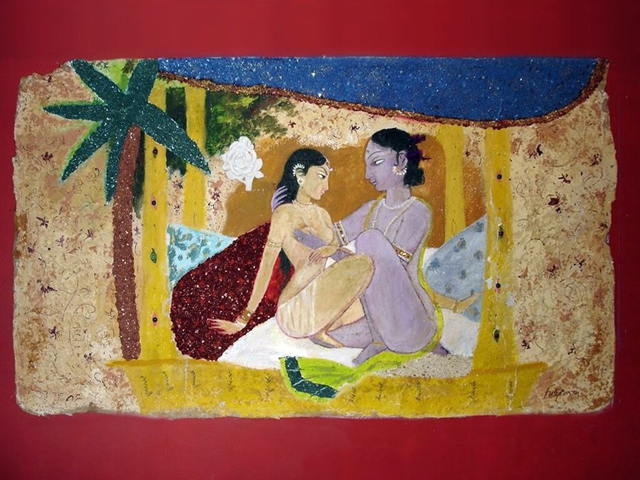 Two painted dancer figures embracing under a palm-thatched roof, textured wall panel at Ada Indian Restaurant, Palm Beach, FL