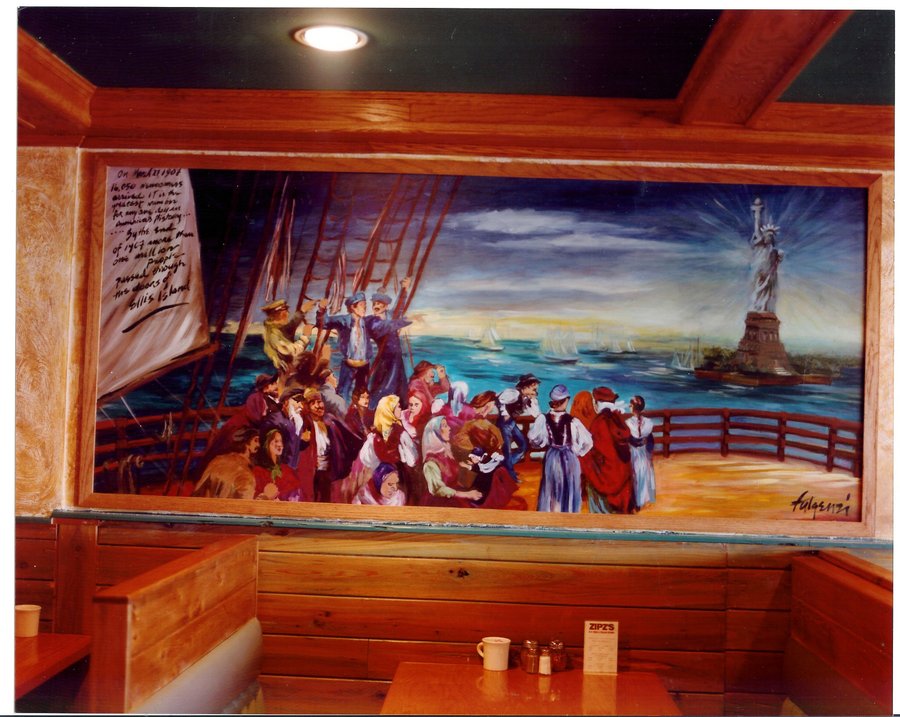 Ellis Island arrival mural panel with the Statue of Liberty, ceiling-beam view, Palm Beach, FL