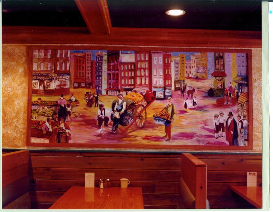 Old New York pushcart street-market mural panel, ceiling-beam view, Palm Beach, FL