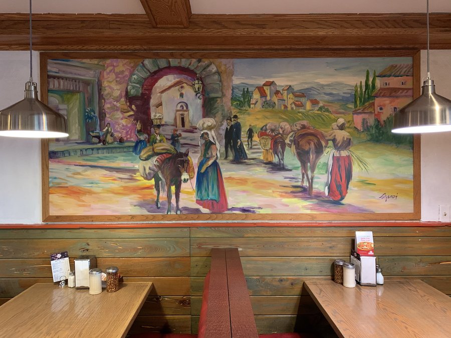 European village market scene mural panel with a donkey cart and figures, restaurant wall, Palm Beach, FL