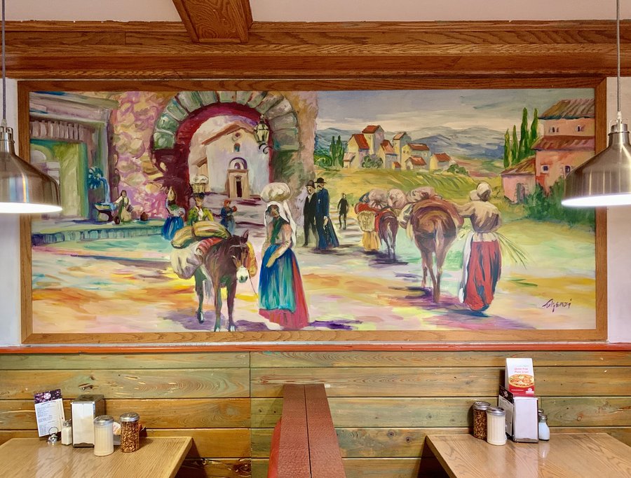 Closer view of the European village market mural panel, Palm Beach, FL