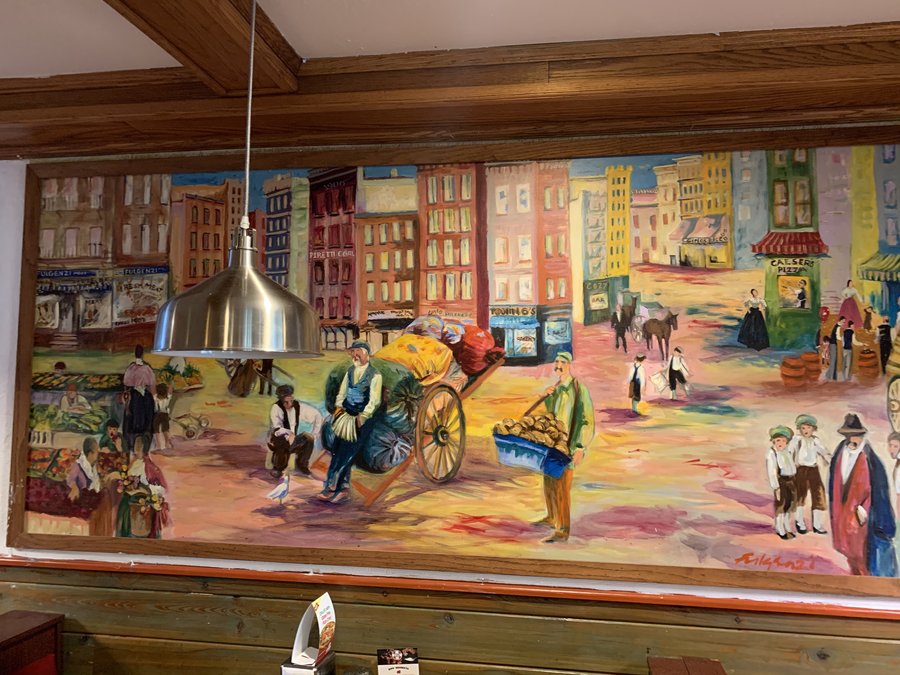 Old New York pushcart street-market scene mural panel, restaurant wall, Palm Beach, FL