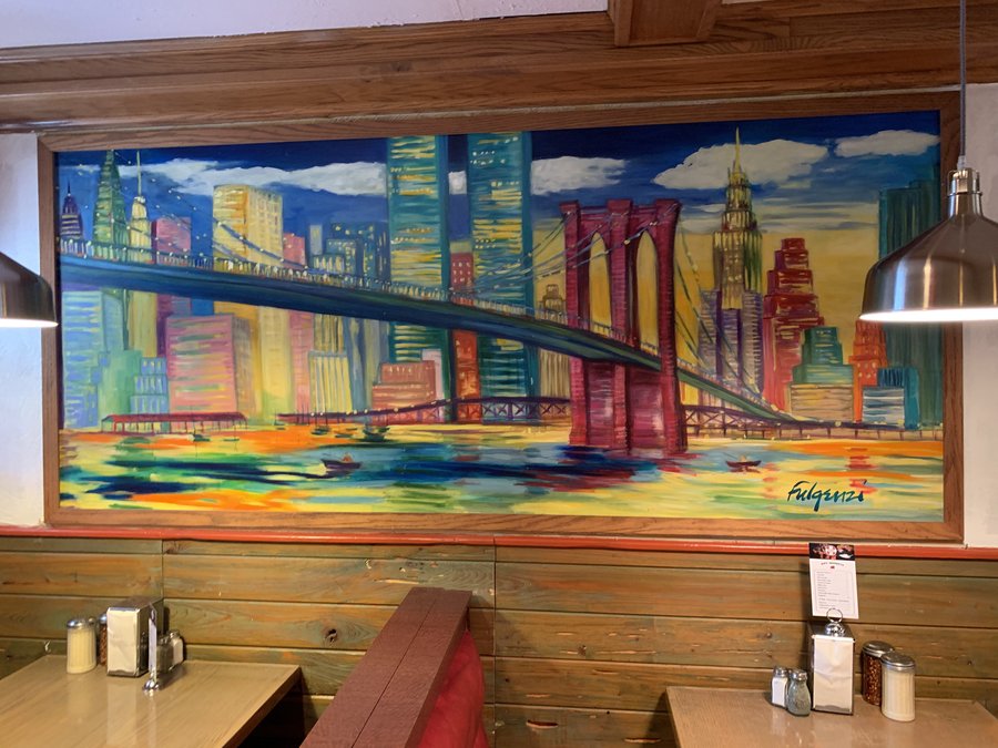 Colorful New York City skyline mural panel, restaurant wall, Palm Beach, FL