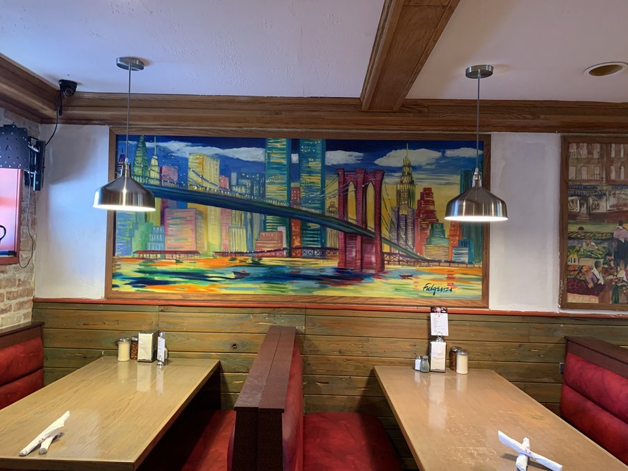 Brooklyn Bridge and Manhattan skyline mural panel, restaurant wall, Palm Beach, FL