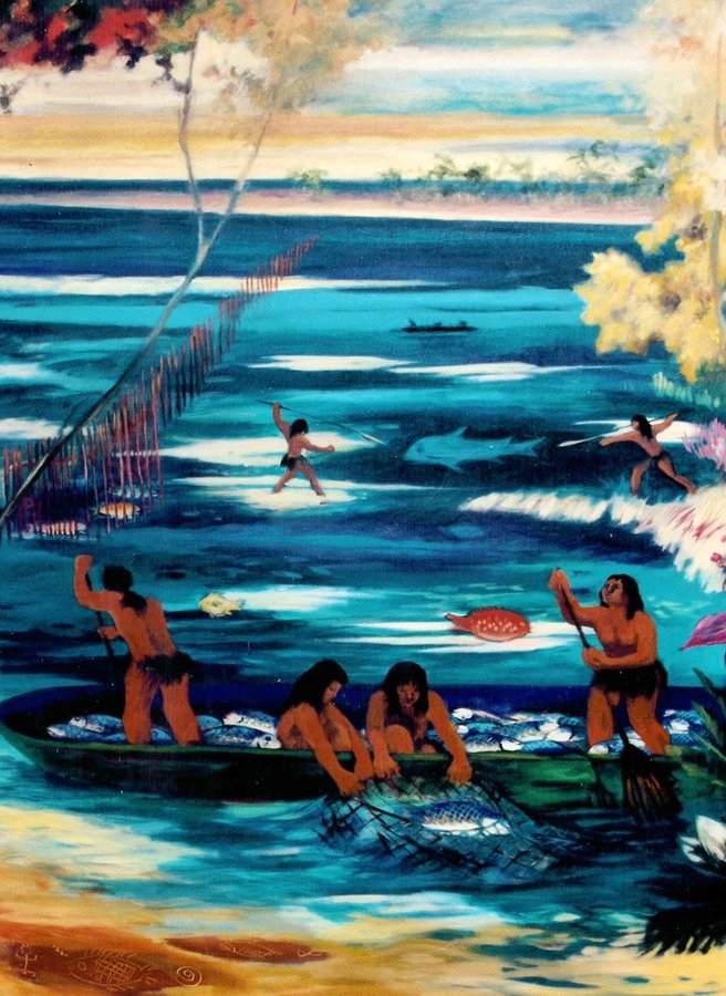Tropical fishing and surf scene mural panel, vivid blues, Tropical Landscape Restaurant, Palm Beach, FL