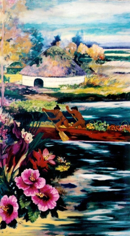 Waterway and cottage landscape mural panel with pink hibiscus, Tropical Landscape Restaurant, Palm Beach, FL
