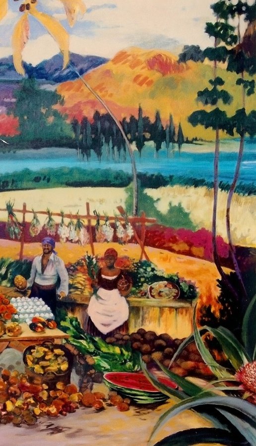 Mountain village landscape mural panel with a market vendor, Tropical Landscape Restaurant, Palm Beach, FL