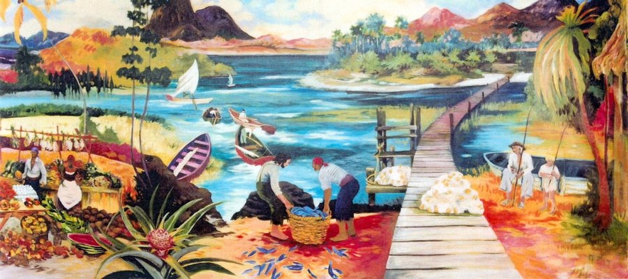 Wide island-lagoon landscape mural panel with wading birds, Tropical Landscape Restaurant, Palm Beach, FL