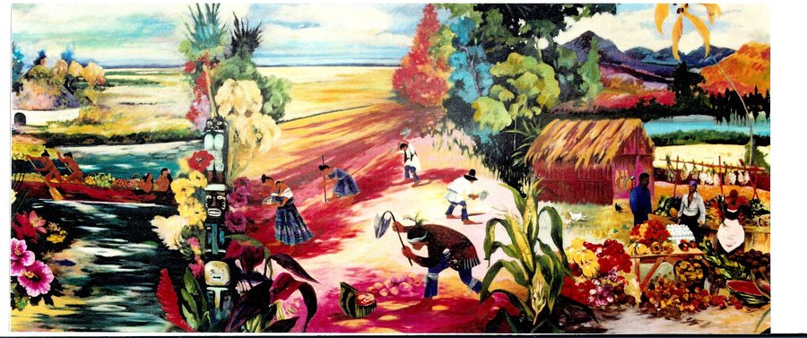 Farmstead and coastal landscape mural panel, warm palette, Tropical Landscape Restaurant, Palm Beach, FL