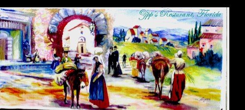 Old Spanish mission courtyard landscape mural panel with a donkey cart, Tropical Landscape Restaurant, Palm Beach, FL