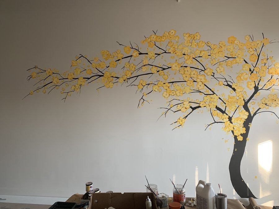 Finished cherry blossom tree and ao dai figure mural, full wide view, Pho and Rolls, Palm Beach, FL