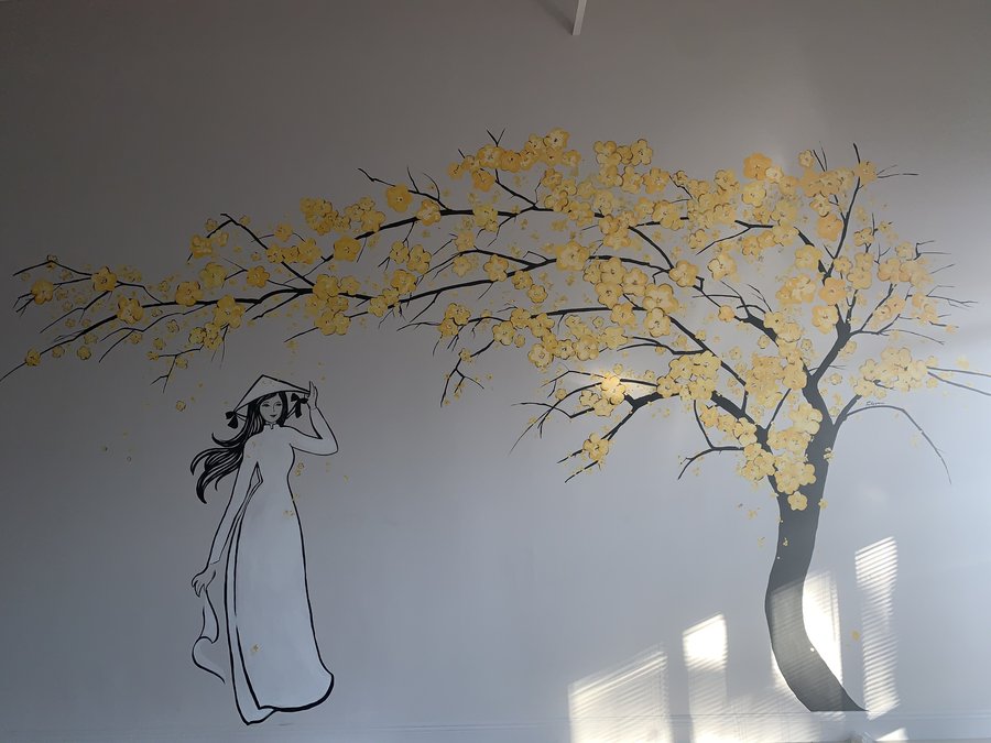 Cherry blossom tree and ao dai figure outline, black and white stage before color, Pho and Rolls, Palm Beach, FL