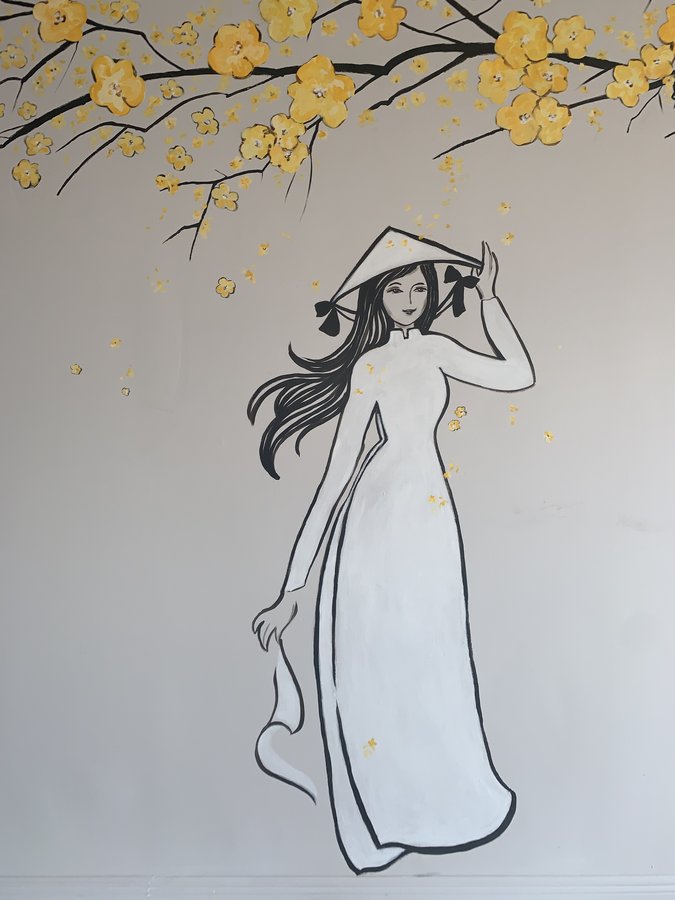 Finished cherry blossom tree and ao dai figure mural, closer view, Pho and Rolls, Palm Beach, FL