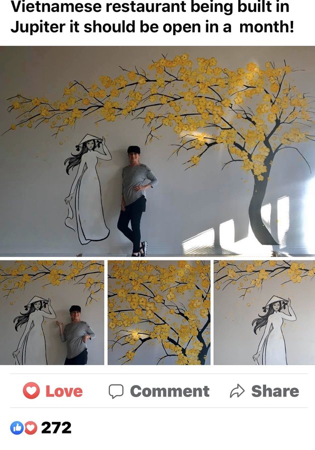 Social media post sharing progress on the Pho and Rolls mural, Palm Beach, FL